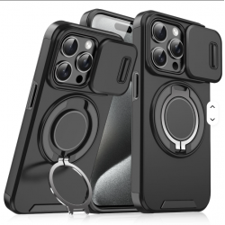 Kickstand TPU PC Shockproof Car Mount Phone Case for iPhone 15  Pro Plus Features Sliding Camera Lens Protection Ring