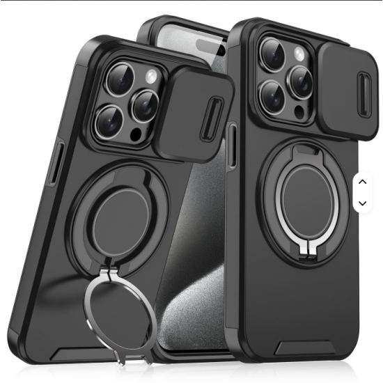 Kickstand TPU PC Shockproof Car Mount Phone Case for iPhone 15  Pro Plus Features Sliding Camera Lens Protection Ring