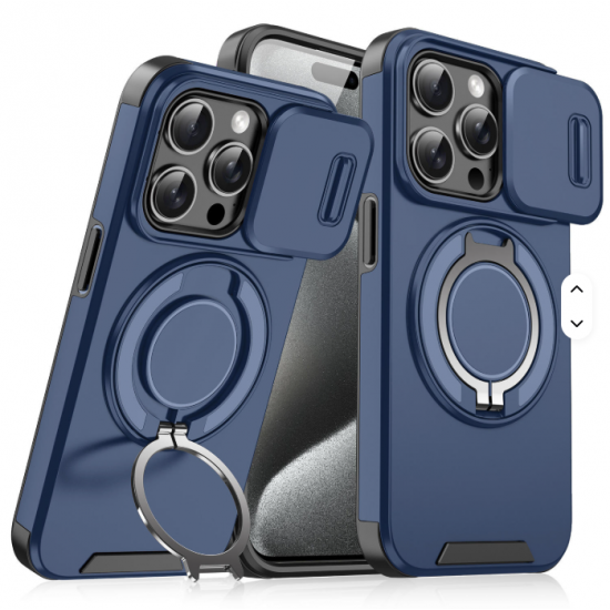 Kickstand TPU PC Shockproof Car Mount Phone Case for iPhone 15  Pro Plus Features Sliding Camera Lens Protection Ring