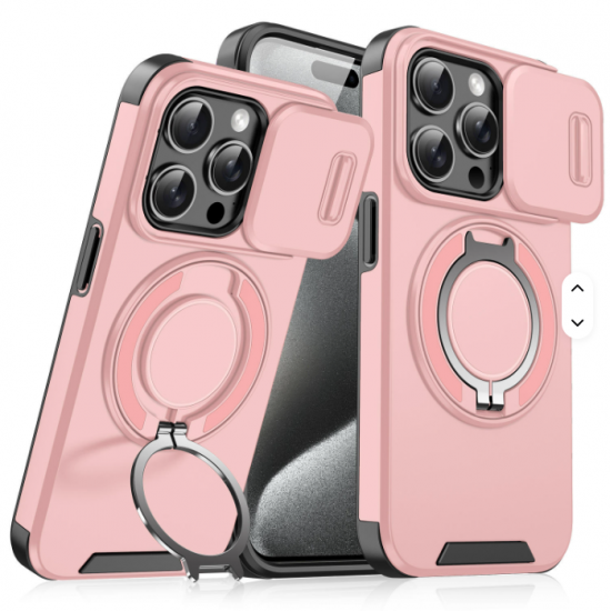 Kickstand TPU PC Shockproof Car Mount Phone Case for iPhone 15  Pro Plus Features Sliding Camera Lens Protection Ring