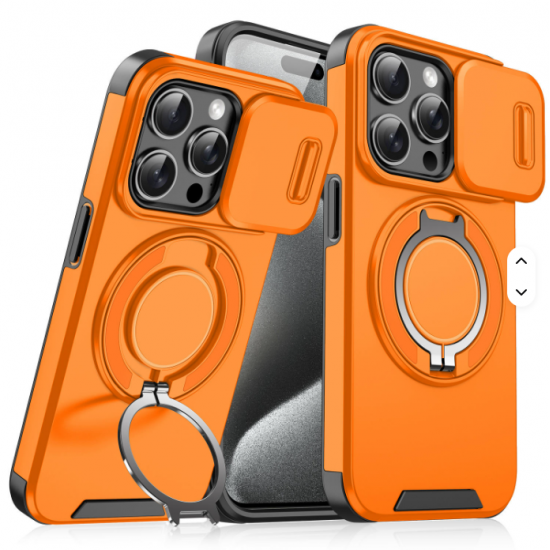 Kickstand TPU PC Shockproof Car Mount Phone Case for iPhone 15  Pro Plus Features Sliding Camera Lens Protection Ring
